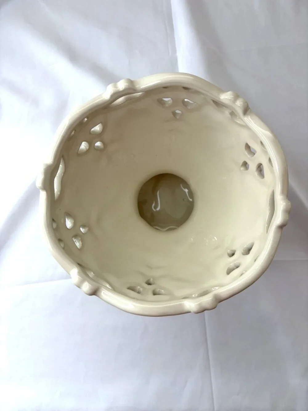 Vintage Cream Pedestal Bowl Pierced Openwork Rim Ornate Footed Compote MCM